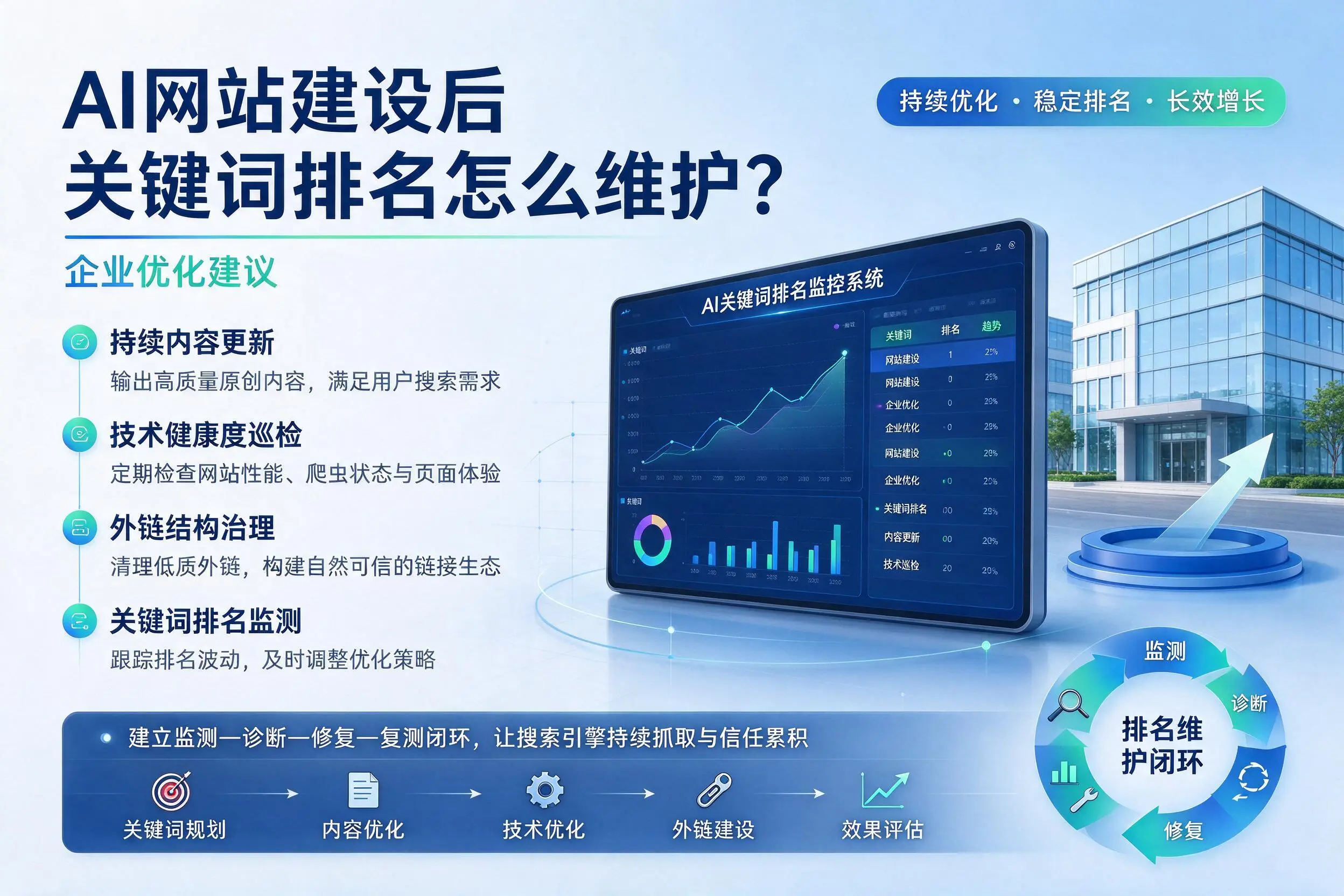 AI网站建设后关键词排名怎么维护?玉树企业优化建议