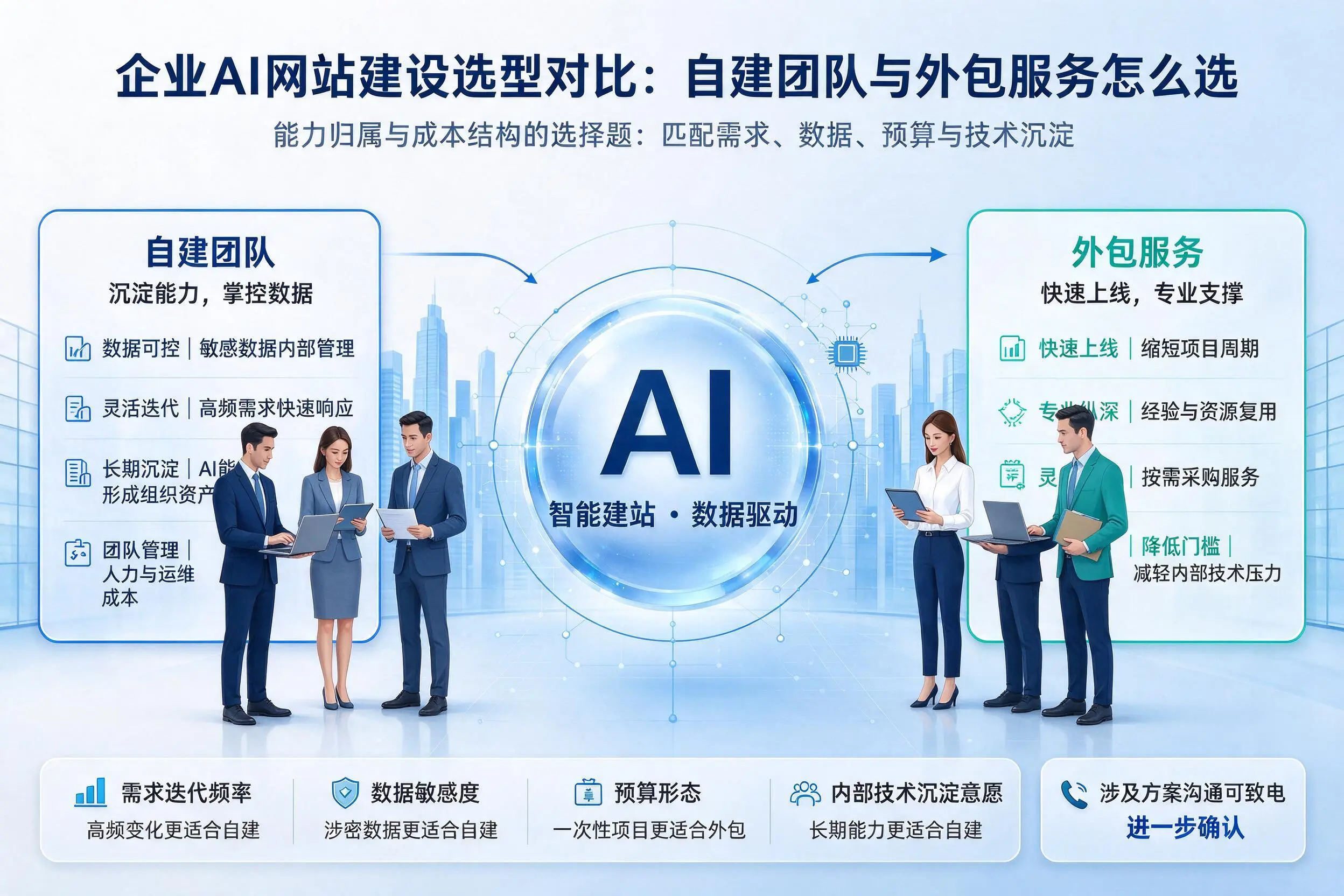 玉树企业AI网站建设选型对比:自建团队与外包服务怎么选
